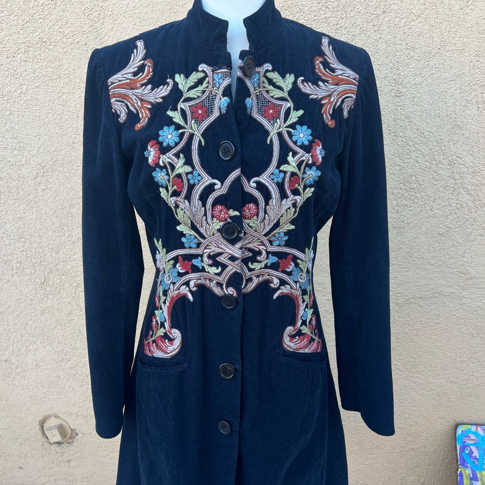 Johnny Was Corduroy Embroidered Navy Blue Long Coat  size S/M - Picture 5 of 12